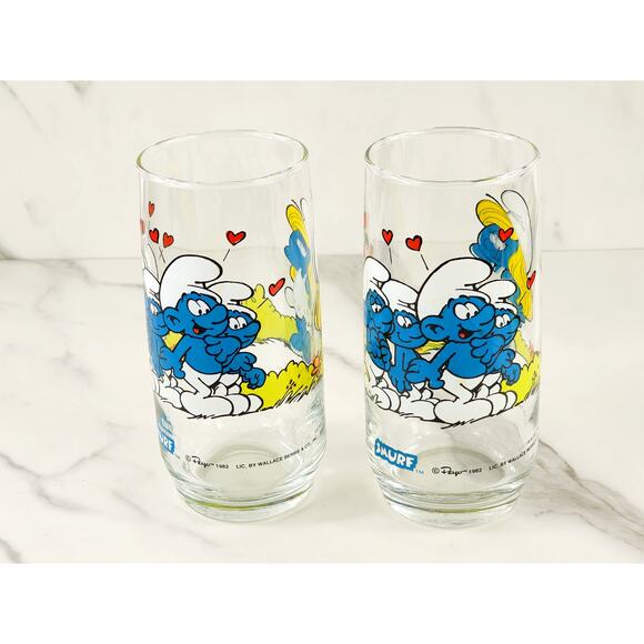 Smurf Smurfette Drinking Clear Glasses 14oz by Peyo 1982 6" x2 Vintage - Picture 8 of 15